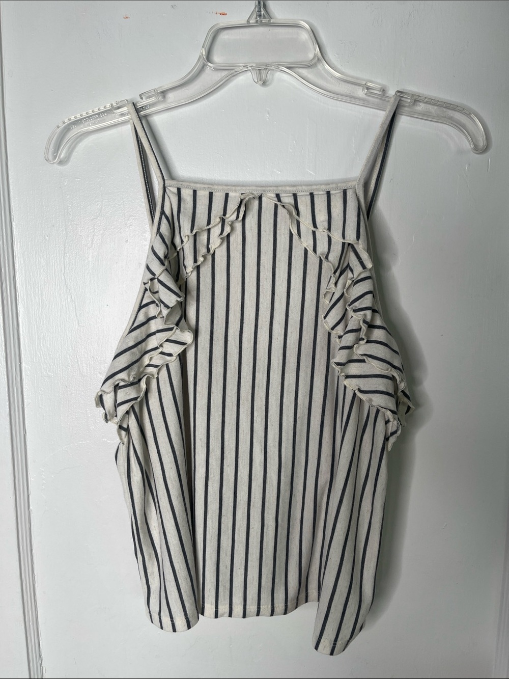American Eagle Tank Top Large Ruffle Spaghetti Straps Striped Gray Natural L